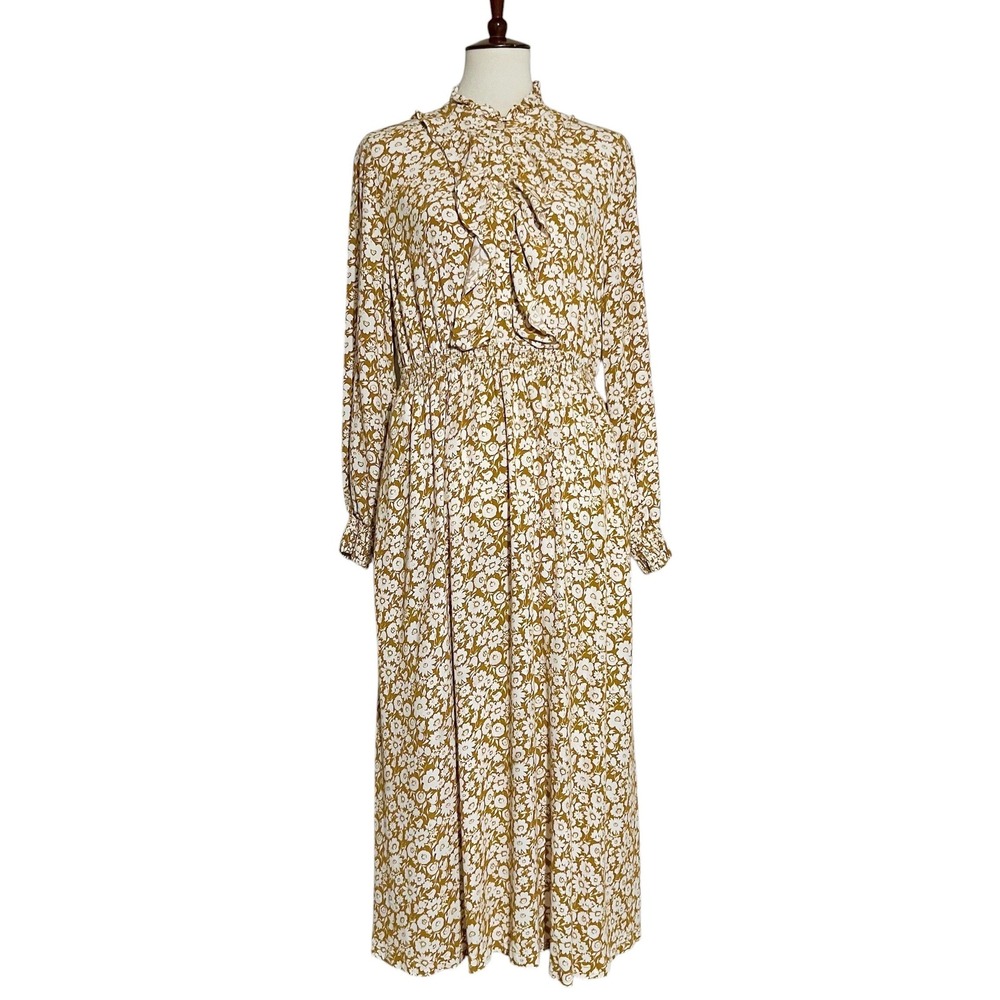 Boden Mustard Yellow Floral Ruffle High Neck Midi Dress Womens US 14 - Picture 3 of 12